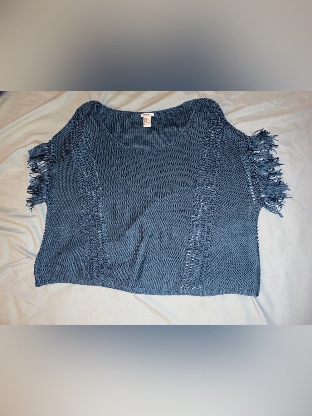 Forever 21 Denim Blue Open-Stitch Crew Neck Sweater